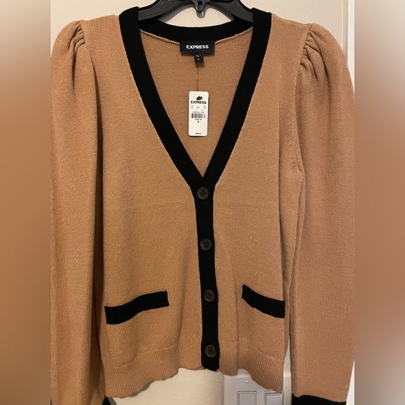 Express cardigan.  Camel with black trim Sz M - Picture 1 of 3